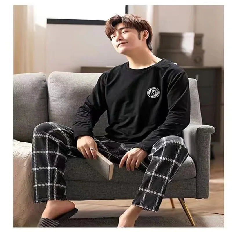 2 pçs pijamas masculinos outono inverno de manga comprida