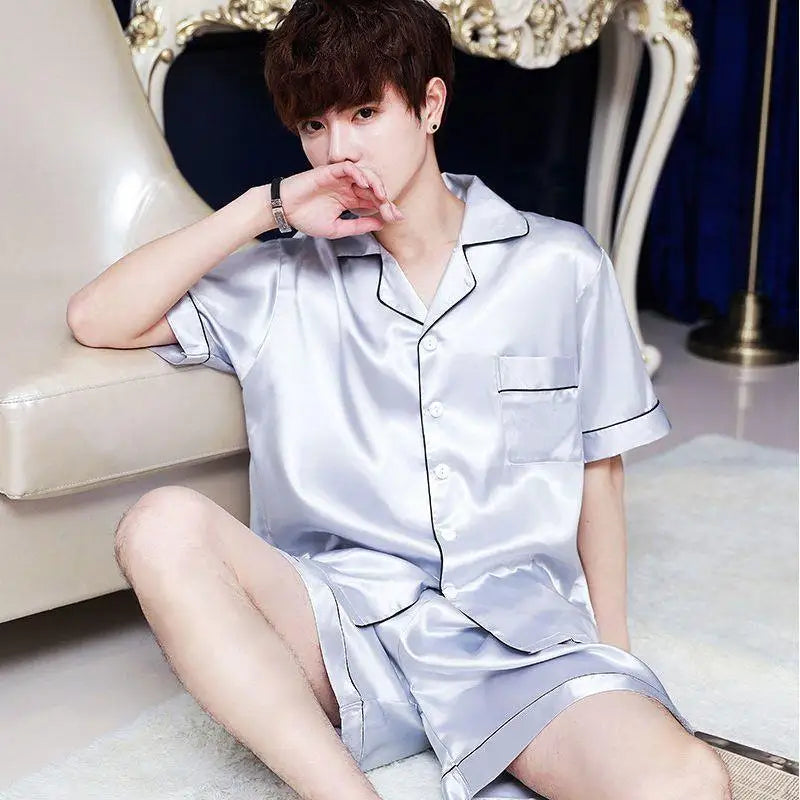 Pijama de seda gelada masculino de verão, roupa para casa