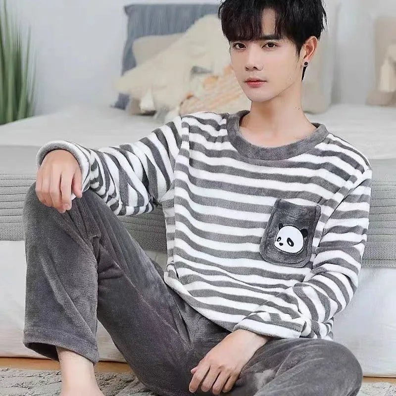 Pijama de flanela de inverno masculino, versão coreana do listrado acolchoado