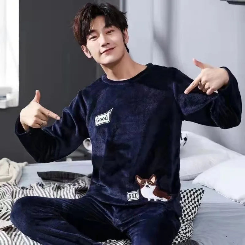 Pijama de flanela de inverno masculino, versão coreana do listrado acolchoado