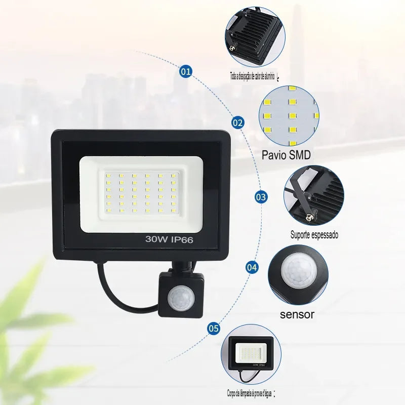 Holofotes LED Sensor de movimento PIR IP66 à prova d'água