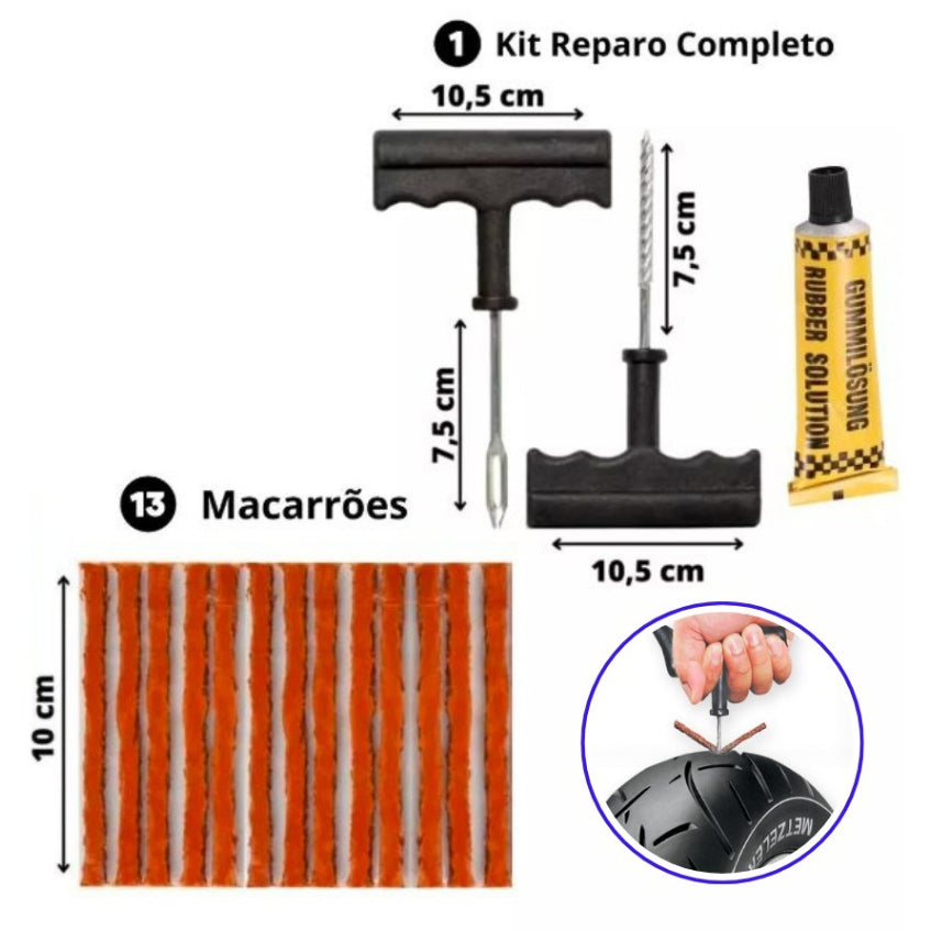 Kit Reparo Pneu Sem Camara Moto Carro + 10 Refis Macarrão Pneu