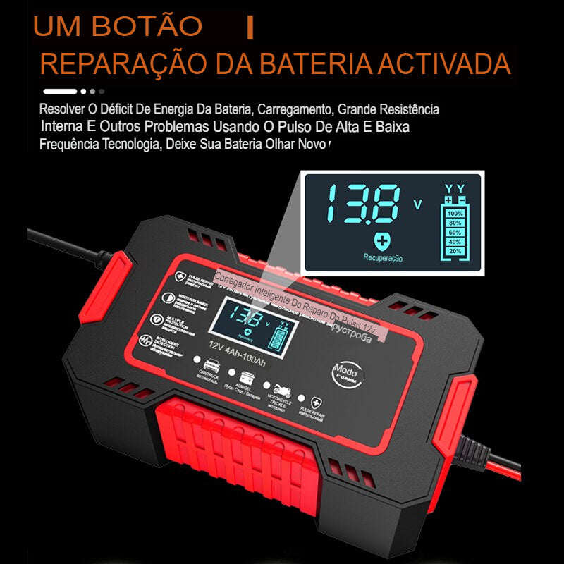 Carregador de Bateria de Carro-Moto com display LCD, 12V, 6A, carga rápida com reparo inteligente, 10ah até 300 amperes