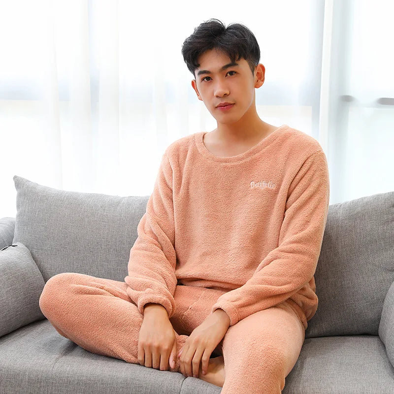 Pijama masculino grosso e quente de veludo coral