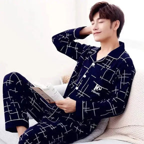 Conjunto de pijama masculino de manga comprida 100% algodão