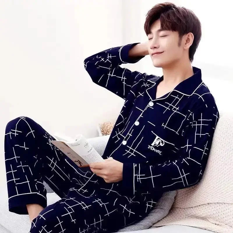 Conjunto de pijama masculino de manga comprida 100% algodão
