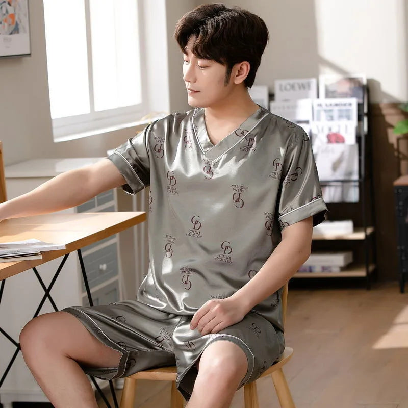 Pijama masculino de seda gelada, manga curta, roupa de estudante para casa