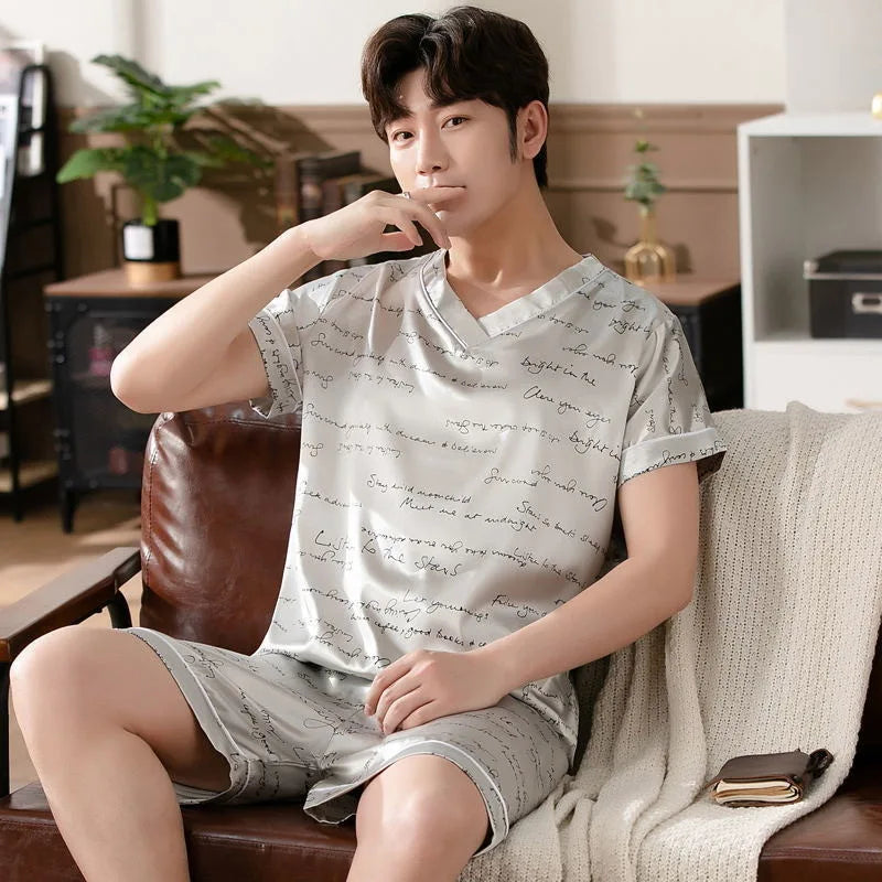 Pijama masculino de seda gelada, manga curta, roupa de estudante para casa