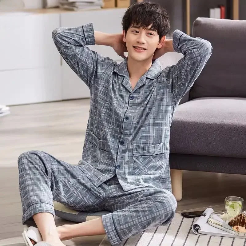 Conjunto de pijama masculino de manga comprida 100% algodão