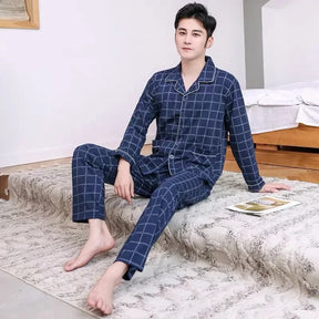 Conjunto de pijama masculino de manga comprida 100% algodão