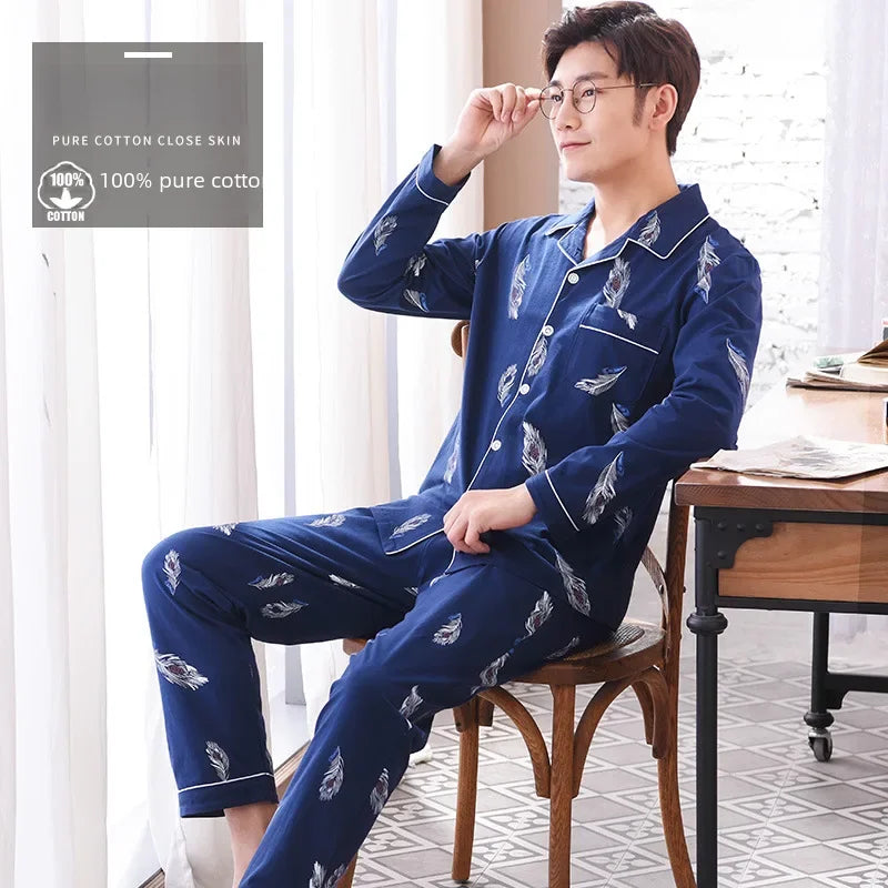 Conjunto de pijama masculino de manga comprida 100% algodão