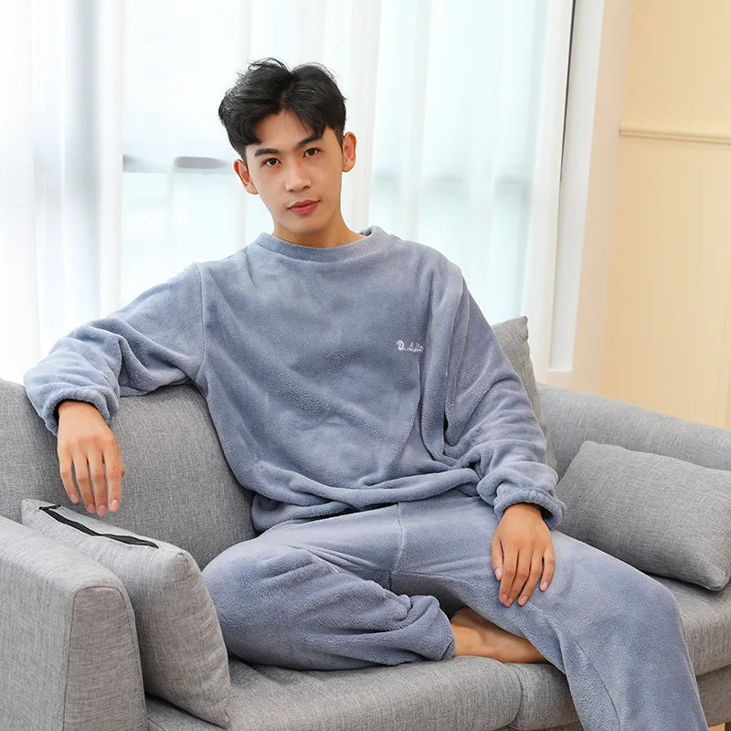 Pijama masculino grosso e quente de veludo coral