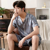 Pijama masculino de seda gelada, manga curta, roupa de estudante para casa