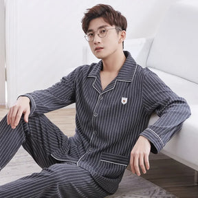 Conjunto de pijama masculino de manga comprida 100% algodão