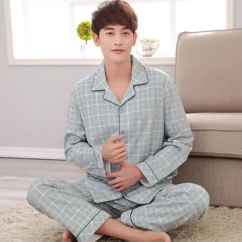 Conjunto de pijama masculino de manga comprida 100% algodão