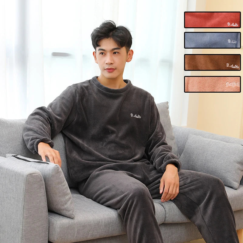 Pijama masculino grosso e quente de veludo coral