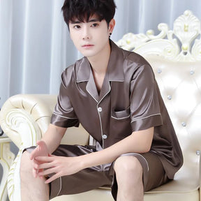 Pijama de seda gelada masculino de verão, roupa para casa