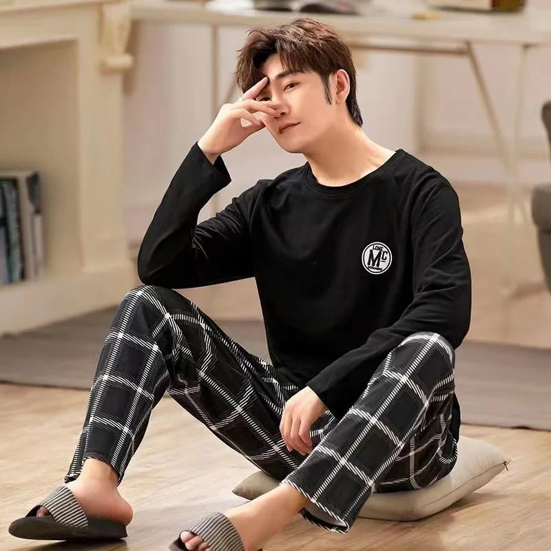2 pçs pijamas masculinos outono inverno de manga comprida