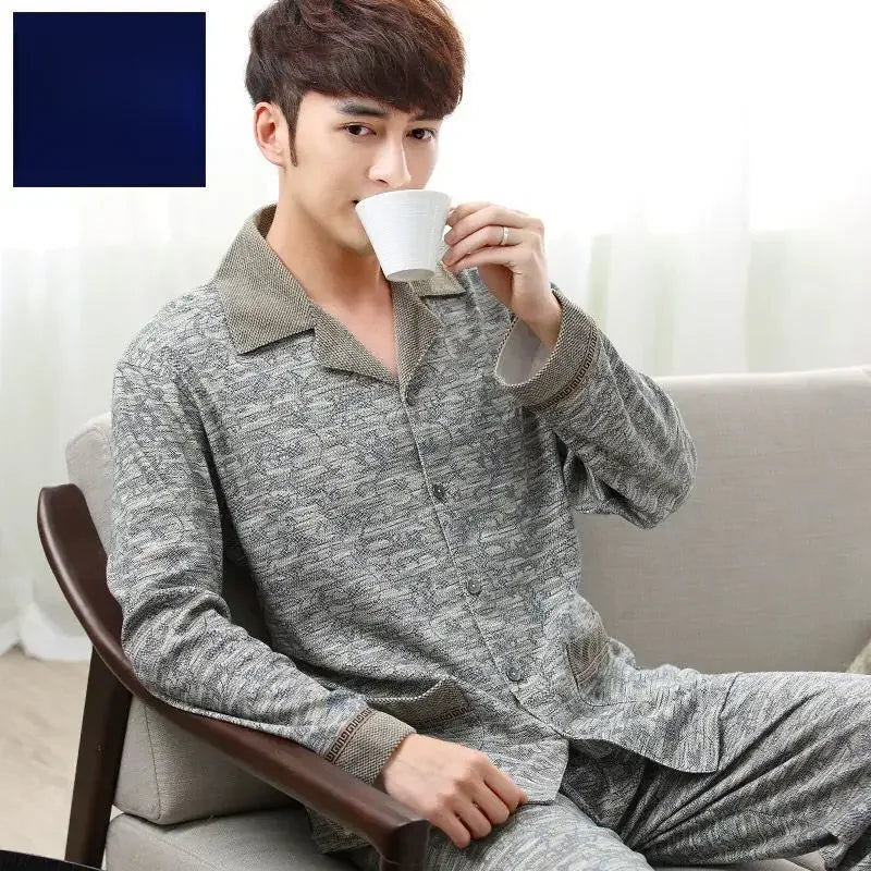 Conjunto de pijama masculino de manga comprida 100% algodão