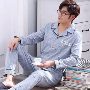 Conjunto de pijama masculino de manga comprida 100% algodão