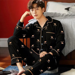 Conjunto de pijama masculino de manga comprida 100% algodão