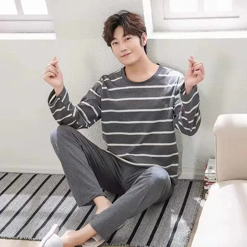 2 pçs pijamas masculinos outono inverno de manga comprida