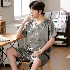 Pijama masculino de seda gelada, manga curta, roupa de estudante para casa