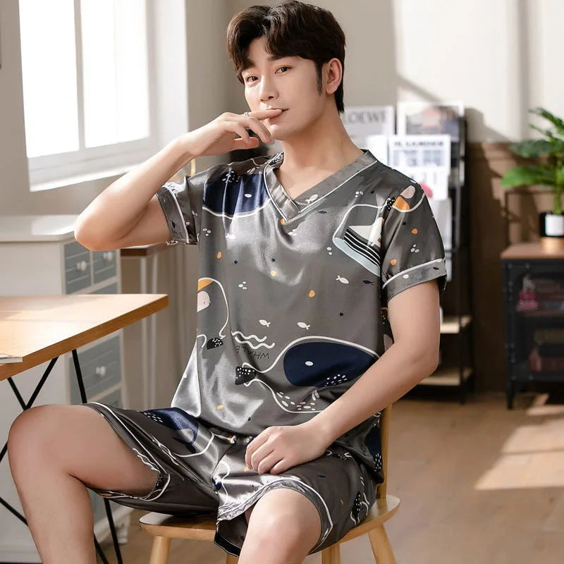 Pijama masculino de seda gelada, manga curta, roupa de estudante para casa