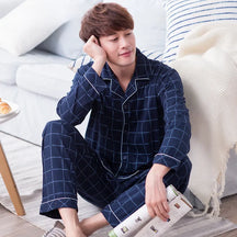 Conjunto de pijama masculino de manga comprida 100% algodão