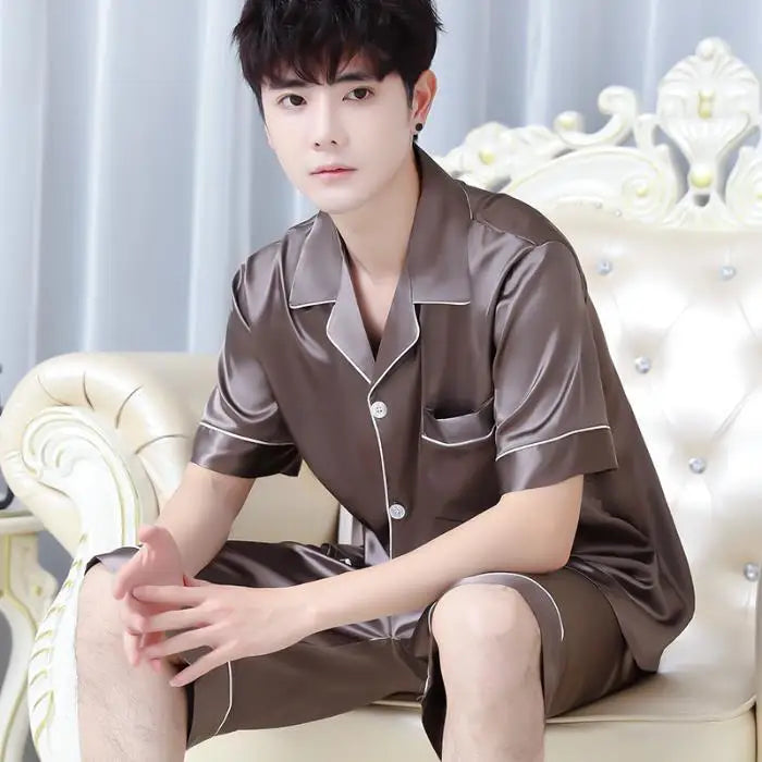 Pijama de seda gelada masculino de verão, roupa para casa