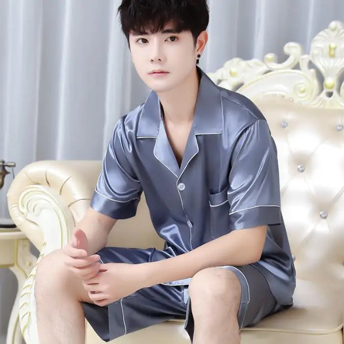 Pijama de seda gelada masculino de verão, roupa para casa