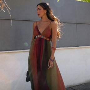 Vestido Longo Gradiente com Pedras Boho