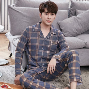 Conjunto de pijama masculino de manga comprida 100% algodão