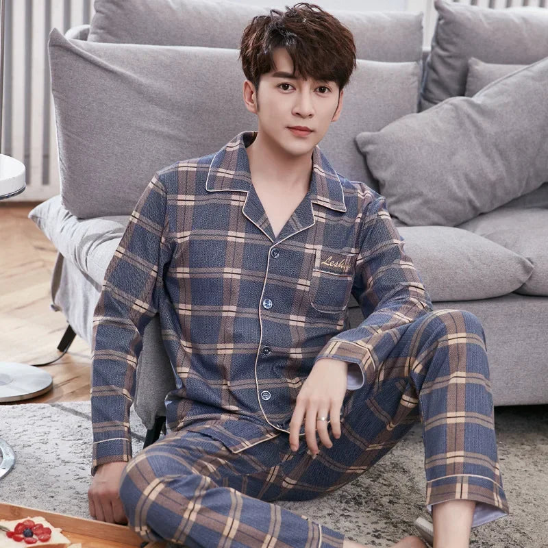 Conjunto de pijama masculino de manga comprida 100% algodão