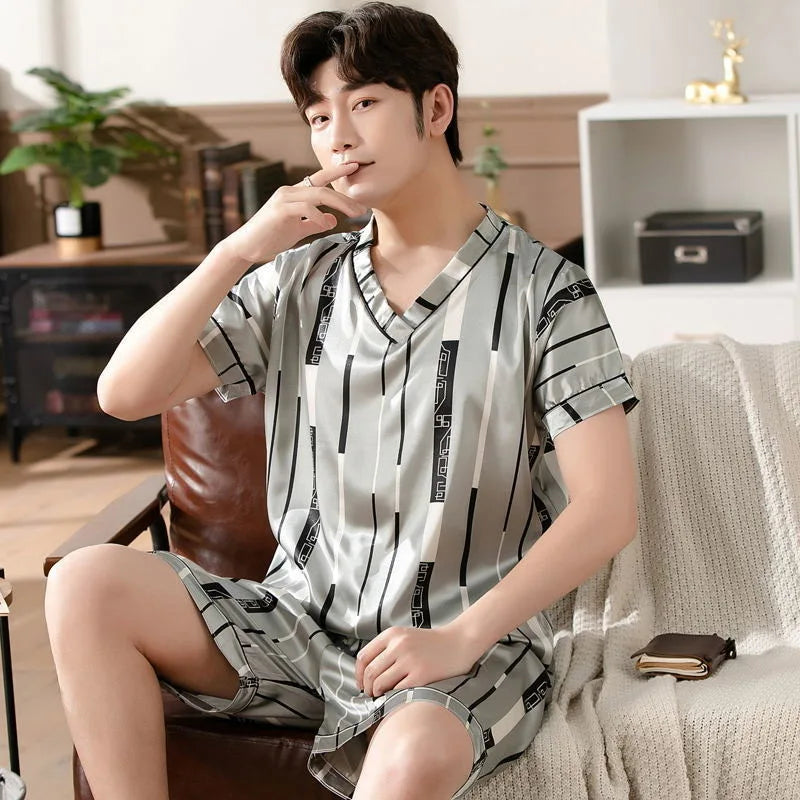 Pijama masculino de seda gelada, manga curta, roupa de estudante para casa