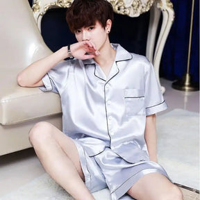 Pijama de seda gelada masculino de verão, roupa para casa