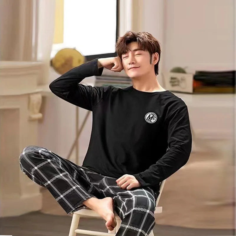 2 pçs pijamas masculinos outono inverno de manga comprida