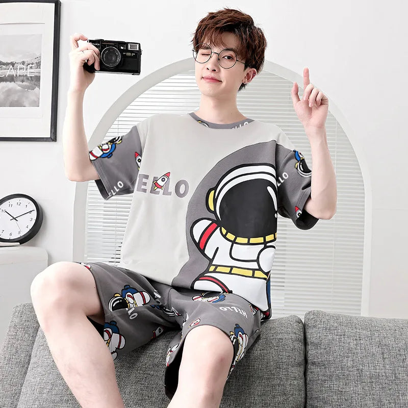 Conjunto de 2 peças de pijama masculino tamanho grande, pijama listrado para jovens