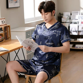 Pijama masculino de seda gelada, manga curta, roupa de estudante para casa