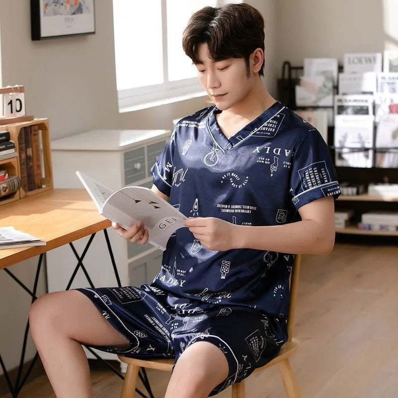 Pijama masculino de seda gelada, manga curta, roupa de estudante para casa
