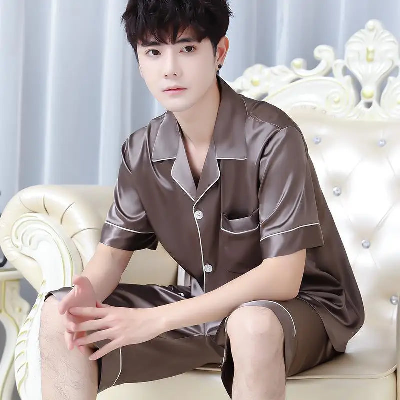 Pijama de seda gelada masculino de verão, roupa para casa