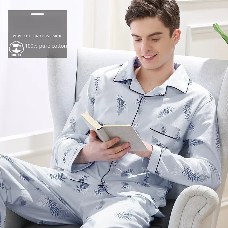 Conjunto de pijama masculino de manga comprida 100% algodão