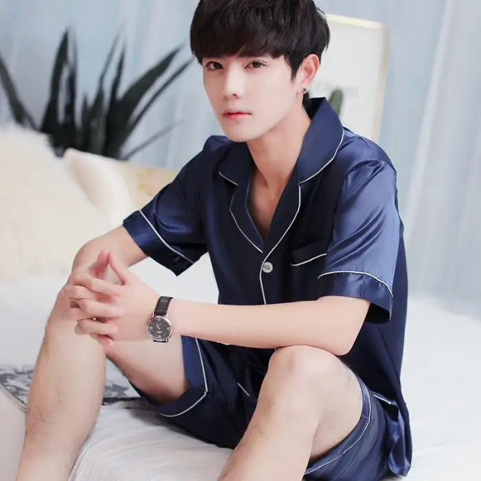 Pijama de seda gelada masculino de verão, roupa para casa