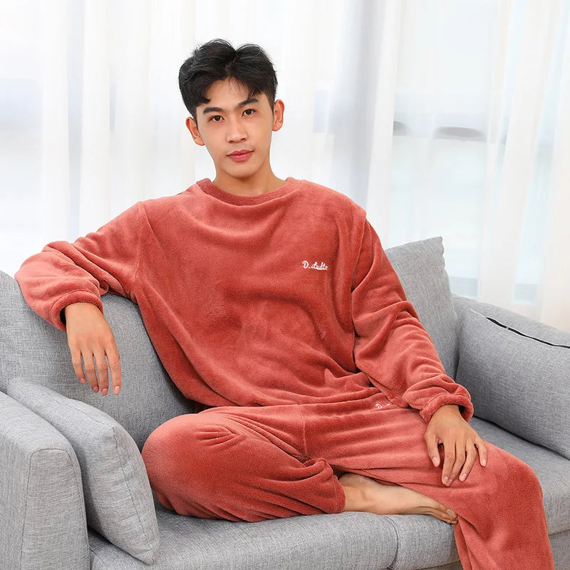 Pijama masculino grosso e quente de veludo coral