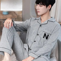 Conjunto de pijama masculino de manga comprida 100% algodão