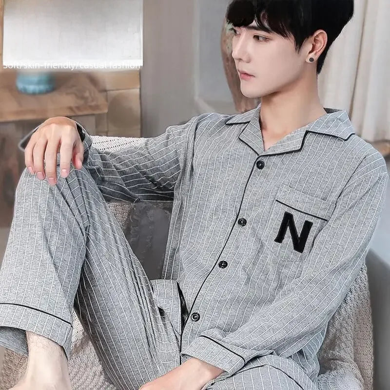 Conjunto de pijama masculino de manga comprida 100% algodão