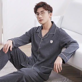 Conjunto de pijama masculino de manga comprida 100% algodão