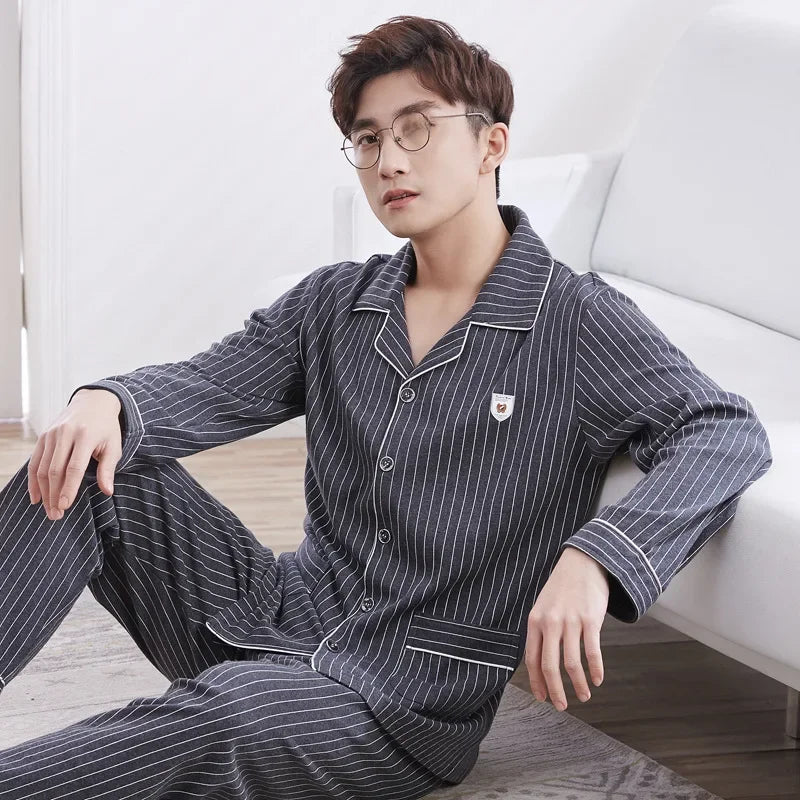 Conjunto de pijama masculino de manga comprida 100% algodão