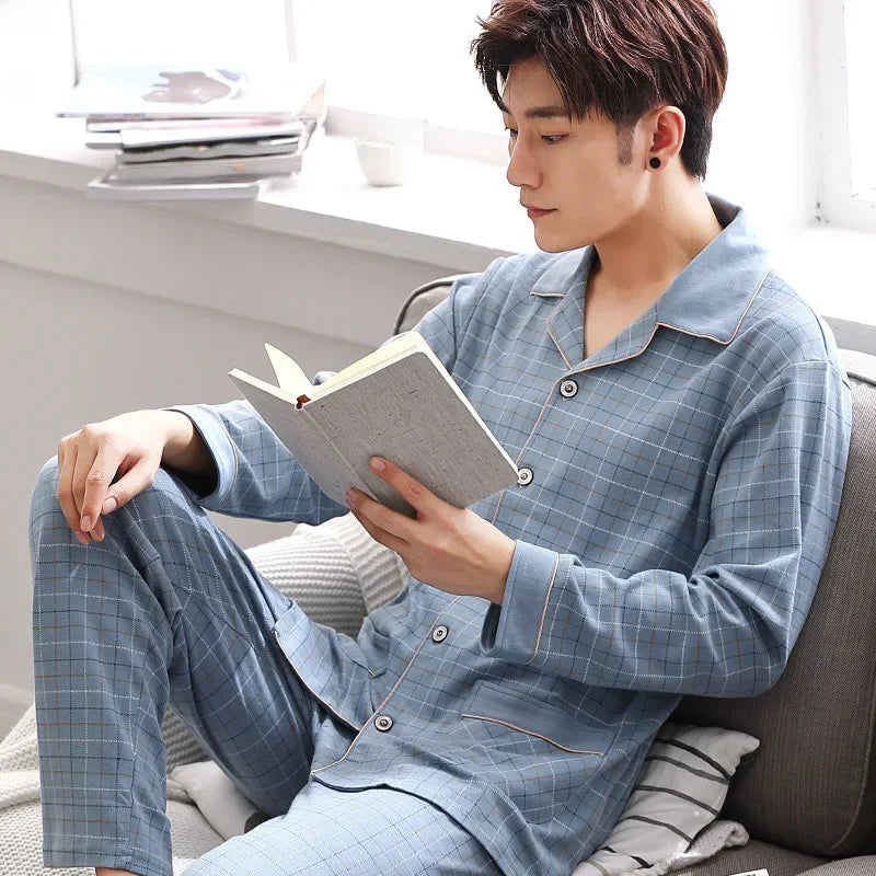 Conjunto de pijama masculino de manga comprida 100% algodão