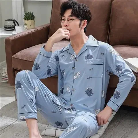 Conjunto de pijama masculino de manga comprida 100% algodão